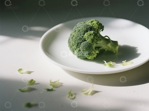 盘中的西兰花与散落的叶片