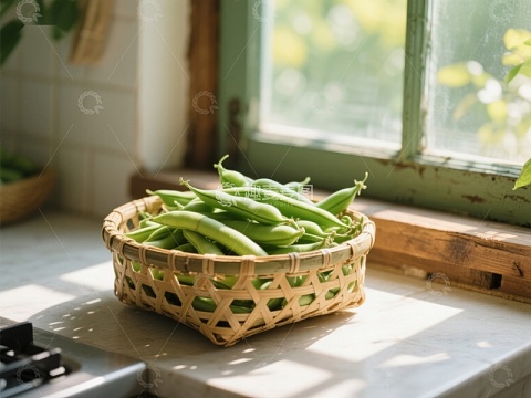 窗边竹篮里的新鲜豆角