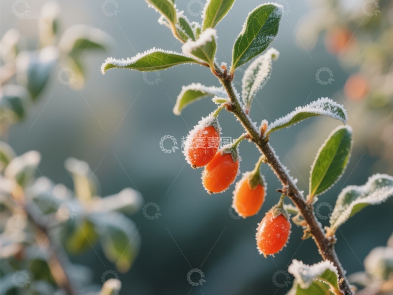 高清大图下载【趣麦麦图】霜冻枝头的橙色浆果