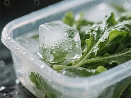 冰块与绿叶蔬菜的保鲜场景