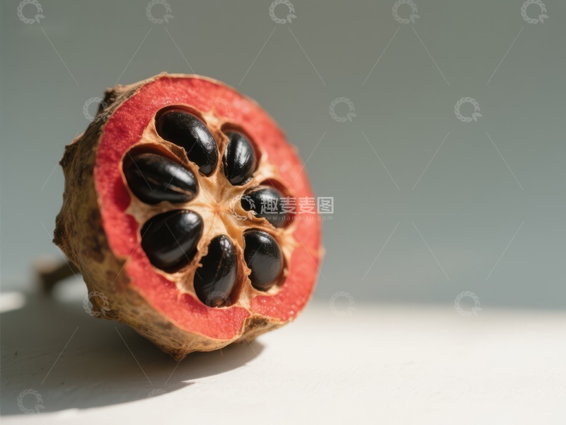 高清大图下载【趣麦麦图】切开的红色果实，展示黑色种子