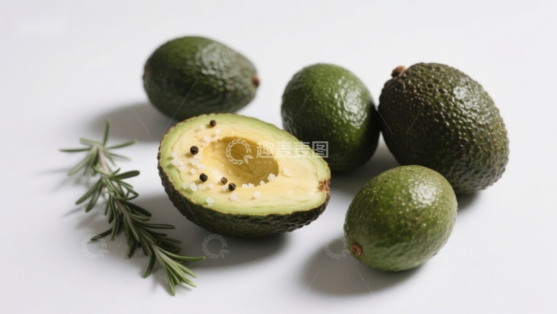 高清大图下载【趣麦麦图】新鲜牛油果与迷迭香的静物组合
