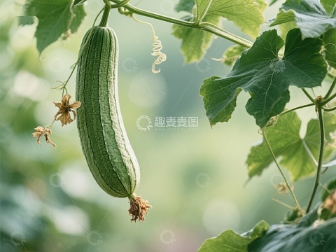 绿色丝瓜悬挂在藤蔓上