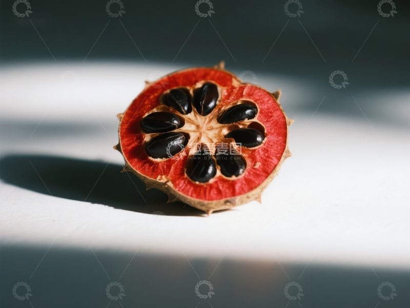 高清大图下载【趣麦麦图】切开的红色果实，露出黑色种子