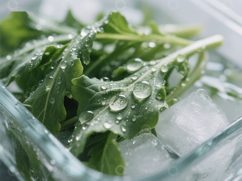 高清大图下载【趣麦麦图】冰块上的新鲜绿叶