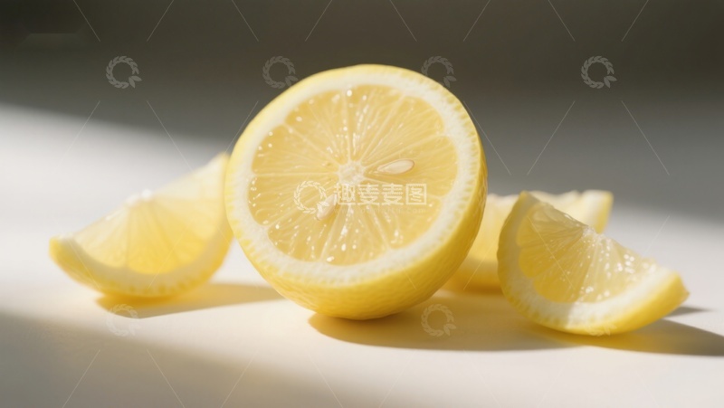 高清大图下载【趣麦麦图】新鲜柠檬切片，阳光照射下的特写