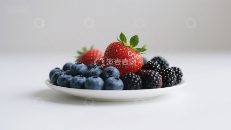 高清大图下载【趣麦麦图】新鲜浆果盘：草莓、蓝莓与黑莓