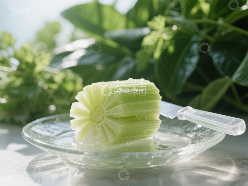 高清大图下载【趣麦麦图】切片芹菜与削皮器置于玻璃盘