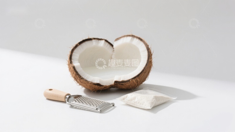 高清大图下载【趣麦麦图】椰子半壳与刨丝器及椰蓉