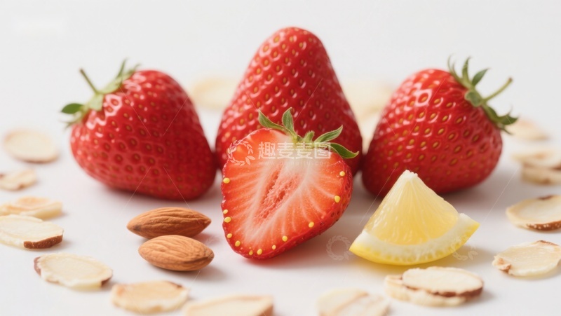 高清大图下载【趣麦麦图】草莓柠檬与杏仁片的健康组合