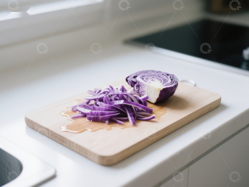 高清大图下载【趣麦麦图】-切好的紫甘蓝放在厨房砧板上