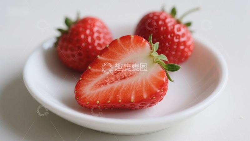 高清大图下载【趣麦麦图】新鲜草莓切片置于白色碟中