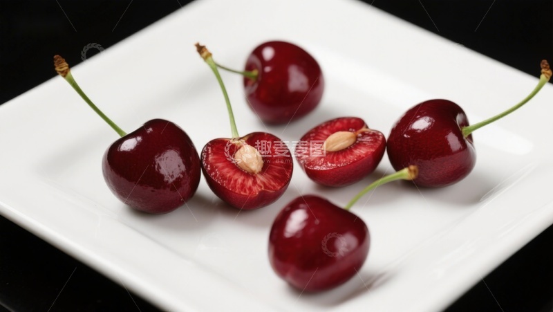 高清大图下载【趣麦麦图】新鲜樱桃排列在白色盘子上