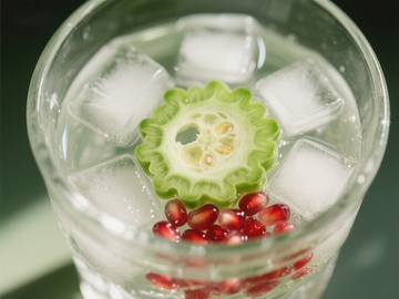 苦瓜切片与石榴籽的冰爽饮品