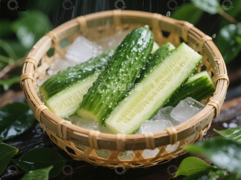 高清大图下载【趣麦麦图】冰镇黄瓜置于竹篮中
