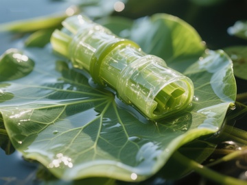 绿色植物卷曲在荷叶上的特写