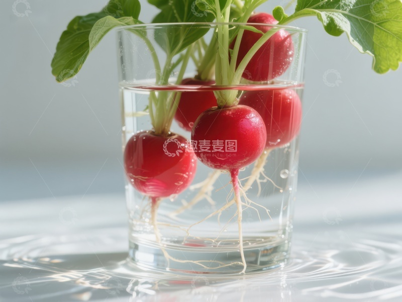 水培萝卜根在透明玻璃杯中