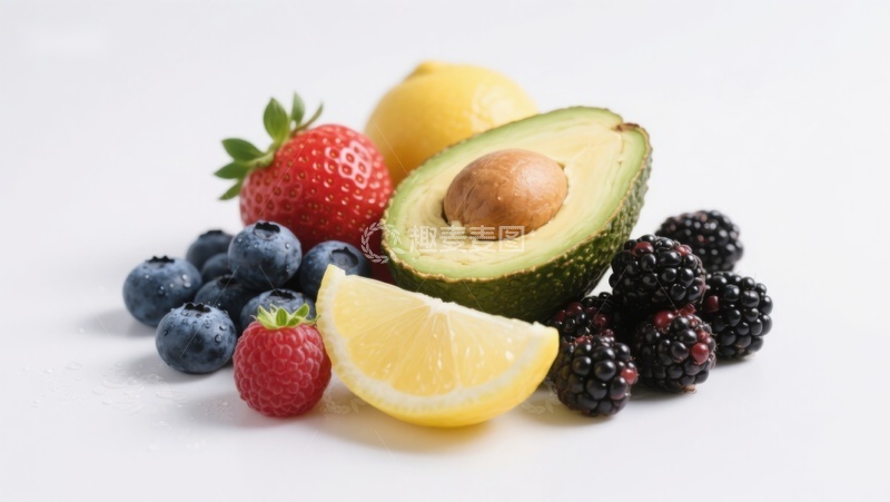 高清大图下载【趣麦麦图】新鲜水果组合：草莓、蓝莓、黑莓、柠檬与牛油果