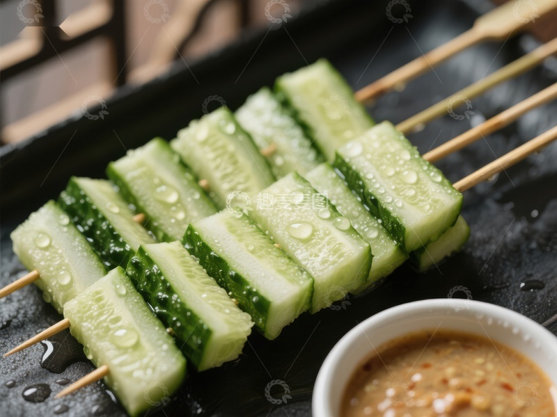 高清大图下载【趣麦麦图】黄瓜串烤制，搭配酱料