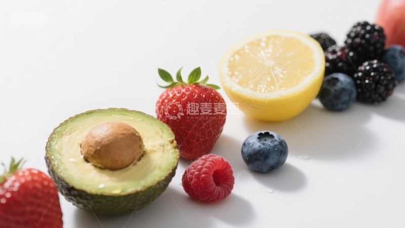 高清大图下载【趣麦麦图】新鲜水果组合：牛油果、草莓、蓝莓等