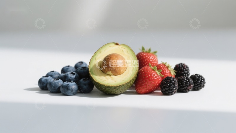 高清大图下载【趣麦麦图】新鲜水果组合：牛油果、草莓、蓝莓和黑莓