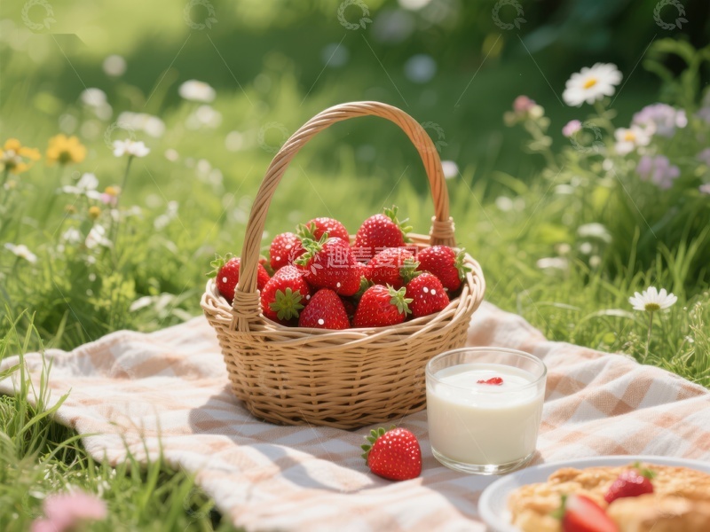 高清大图下载【趣麦麦图】草地上草莓篮与酸奶的野餐场景