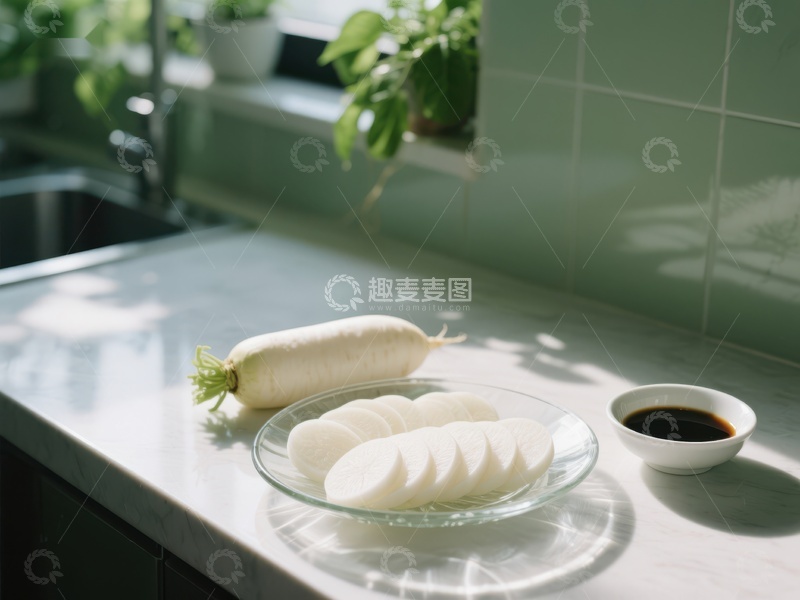 高清大图下载【趣麦麦图】厨房台面上的白萝卜切片与酱油碟