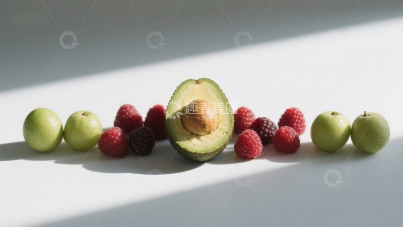 高清大图下载【趣麦麦图】新鲜水果组合：牛油果、覆盆子与青苹果