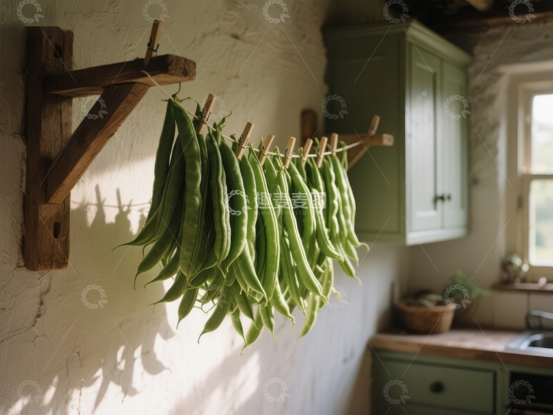 高清大图下载【趣麦麦图】厨房墙上晾晒的绿色豆角