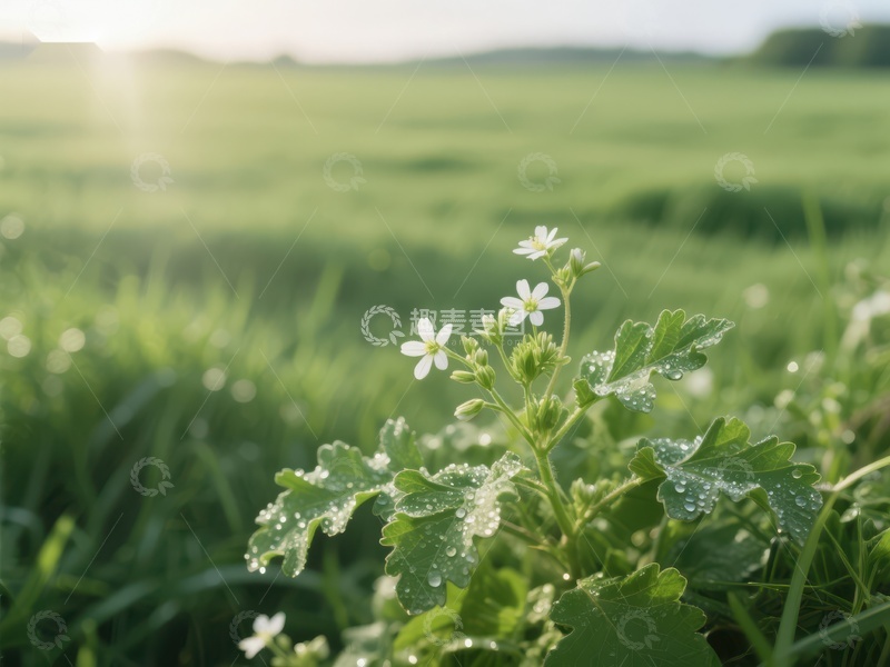 高清大图下载【趣麦麦图】晨露中的小花与绿野