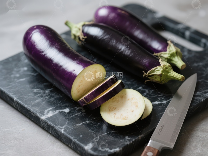 高清大图下载【趣麦麦图】切片茄子置于大理石砧板上