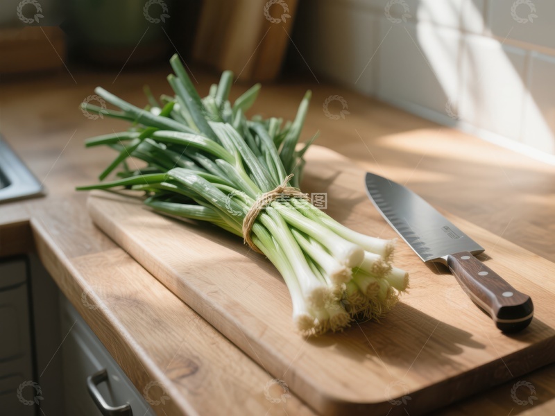 高清大图下载【趣麦麦图】新鲜葱束与刀具置于木砧板上