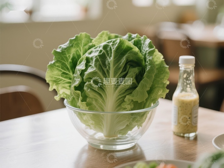 新鲜生菜与沙拉酱摆放在餐桌