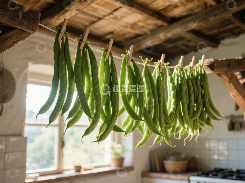 高清大图下载【趣麦麦图】厨房悬挂的绿色豆荚