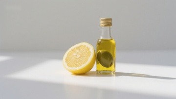 柠檬与橄榄油瓶的静物组合