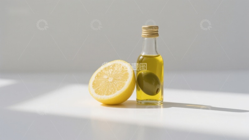 高清大图下载【趣麦麦图】柠檬与橄榄油瓶的静物组合