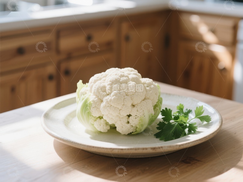 高清大图下载【趣麦麦图】新鲜花椰菜置于木质厨房台面