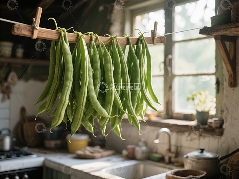 厨房悬挂的绿色豆角