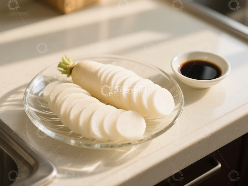 高清大图下载【趣麦麦图】新鲜白萝卜切片与酱油小碟