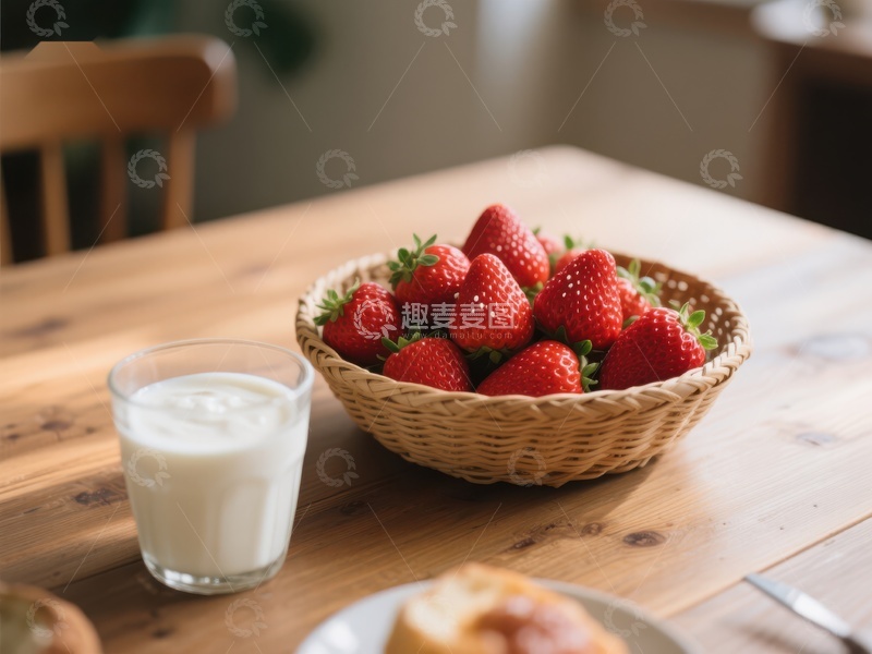高清大图下载【趣麦麦图】新鲜草莓与牛奶的早餐组合