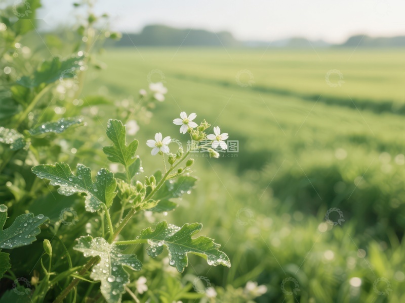 高清大图下载【趣麦麦图】田野中的白色小花与绿叶