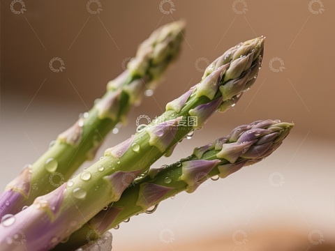 新鲜芦笋特写，水珠点缀