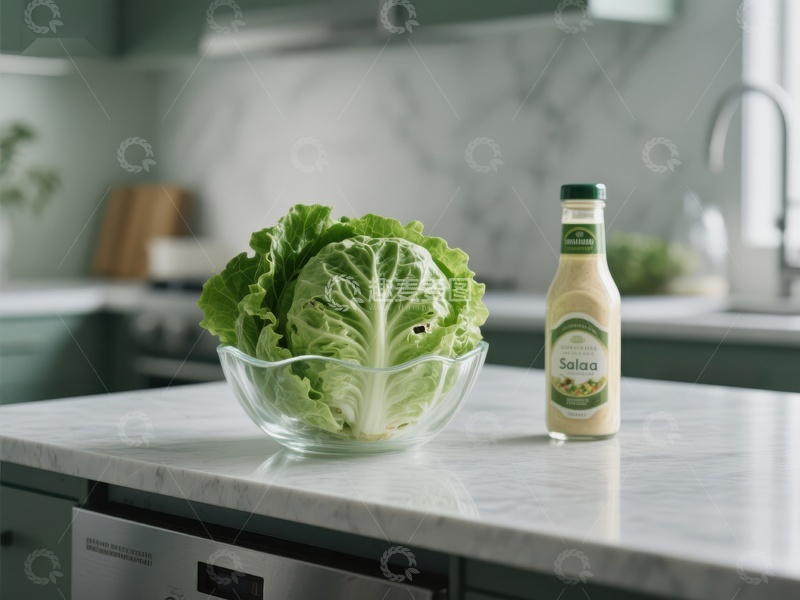 高清大图下载【趣麦麦图】厨房台面上的生菜与调味瓶
