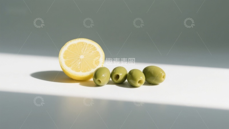 高清大图下载【趣麦麦图】柠檬半切与四颗橄榄的静物组合