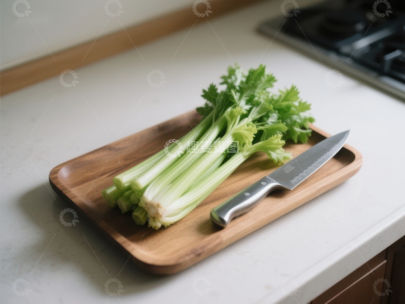 高清大图下载【趣麦麦图】新鲜芹菜与刀具置于木质砧板上