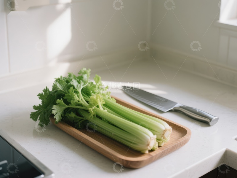 高清大图下载【趣麦麦图】新鲜芹菜置于砧板上，旁配刀具