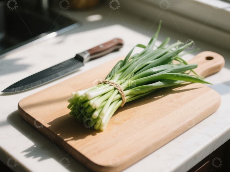高清大图下载【趣麦麦图】新鲜葱束置于木质砧板上
