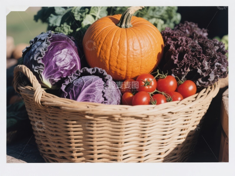 高清大图下载【趣麦麦图】篮子里的南瓜、紫甘蓝和番茄