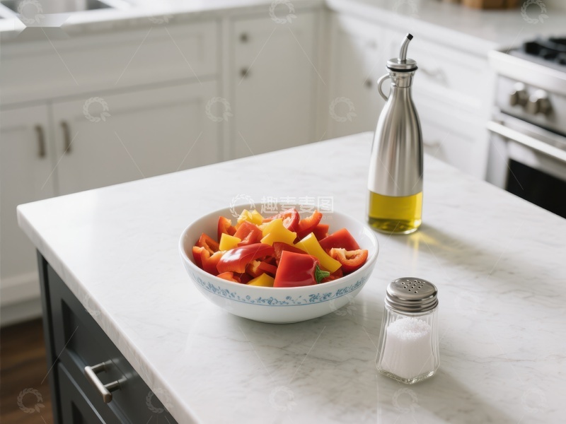 高清大图下载【趣麦麦图】厨房台面摆放切片彩椒与调味品