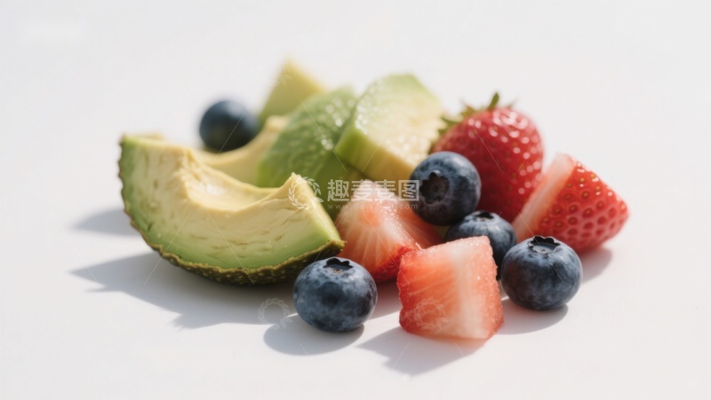 高清大图下载【趣麦麦图】新鲜水果组合：草莓、蓝莓与牛油果